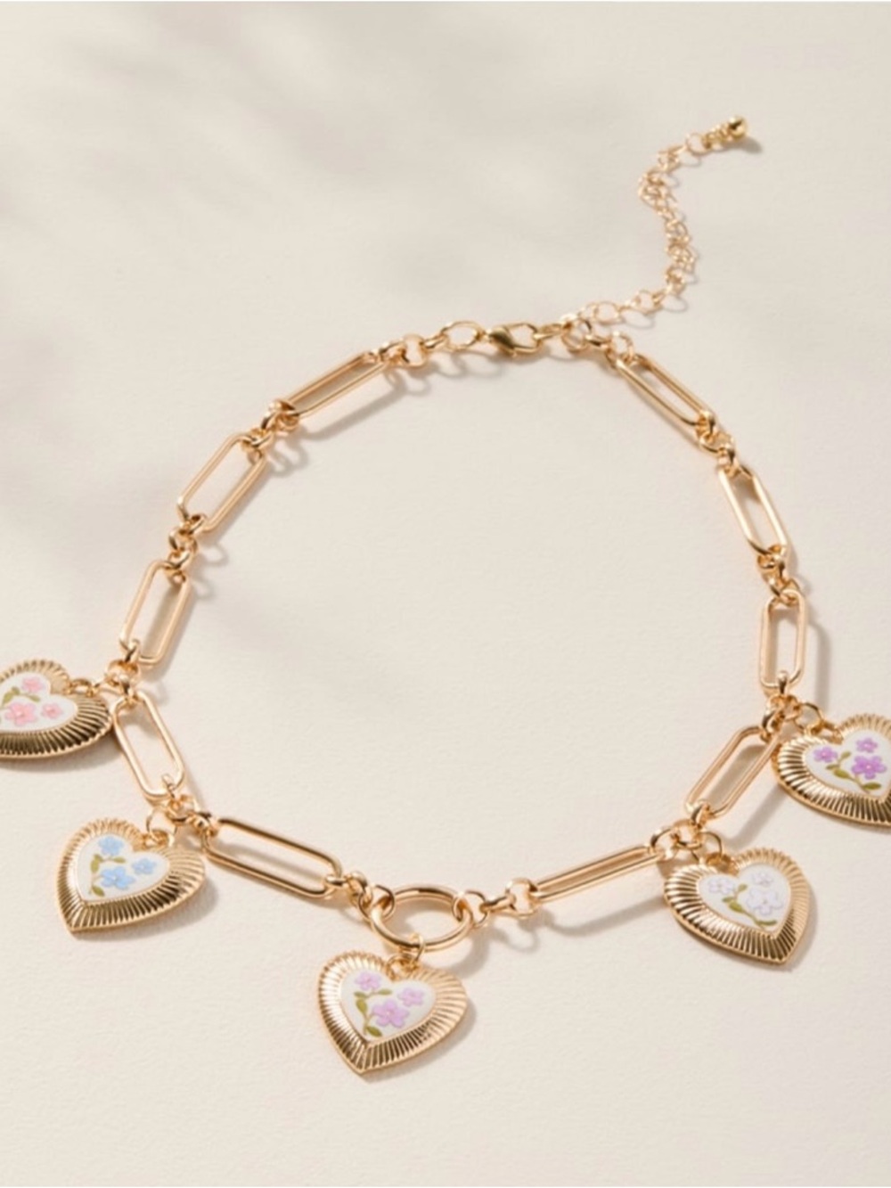Francesca's Collections Gold Link Necklace with Pastel Floral Heart Charms
